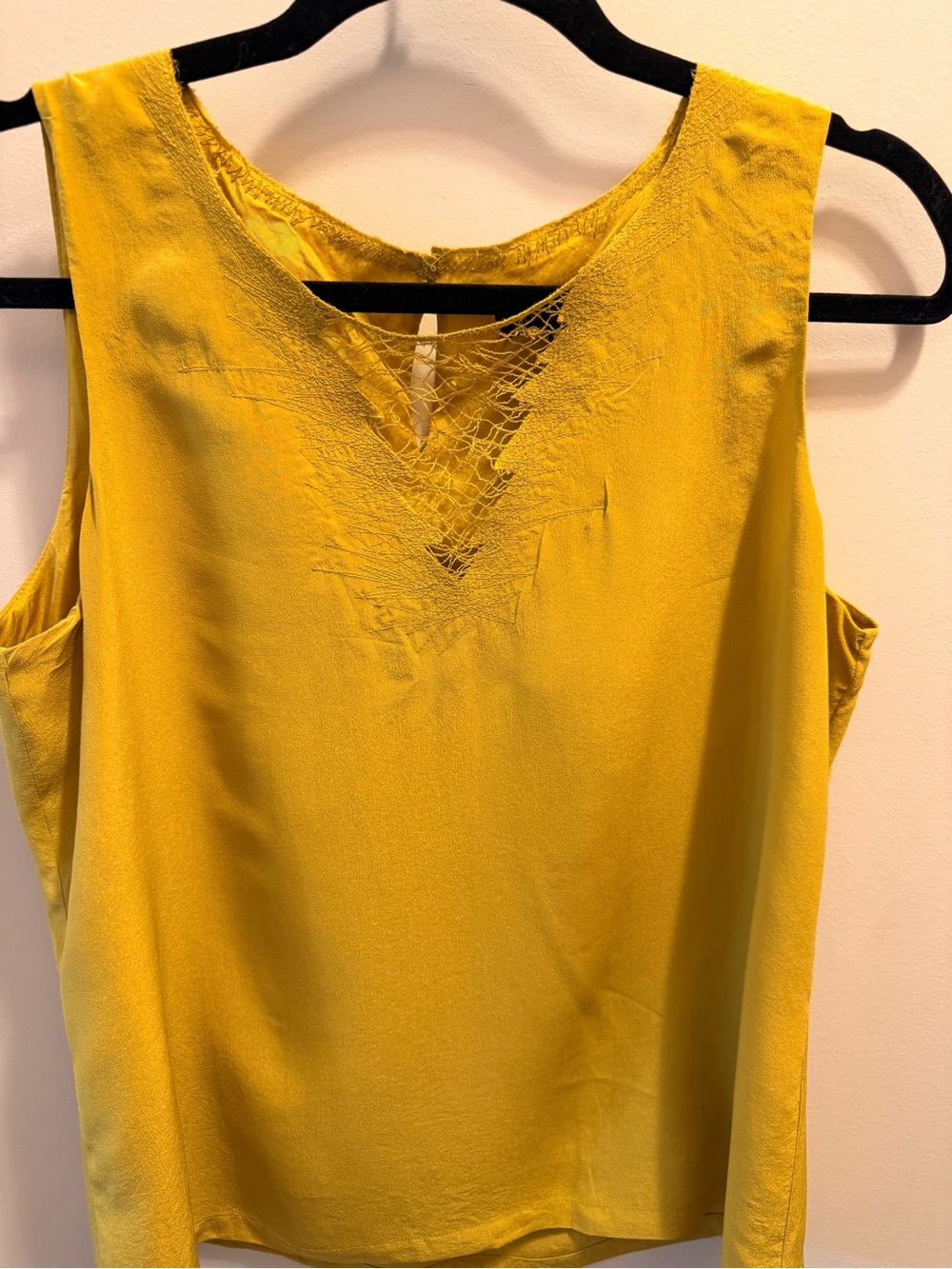Eileen Fisher 100% silk tank size small mustard yellow mesh V inset sleeveless